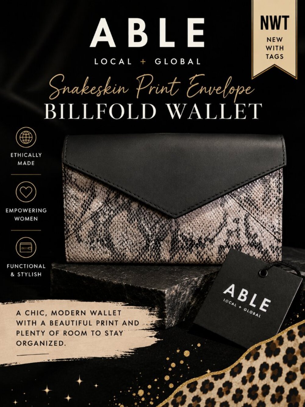 ABLE Snakeskin Print Envelope Billfold Wallet NWT